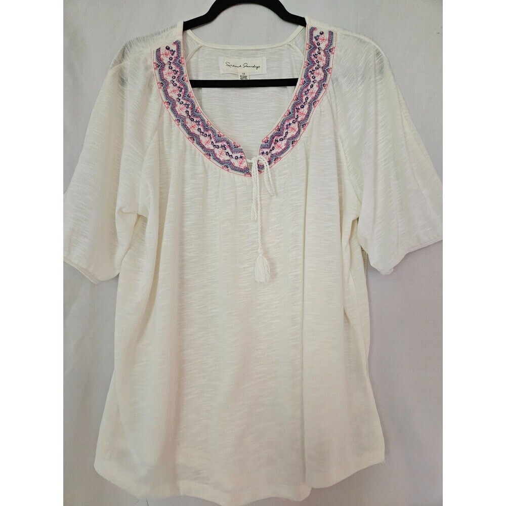NWT French Laundry Women's Peasant Top Size 1X Ivory 3/4 Sleeves Embroidered Tie
